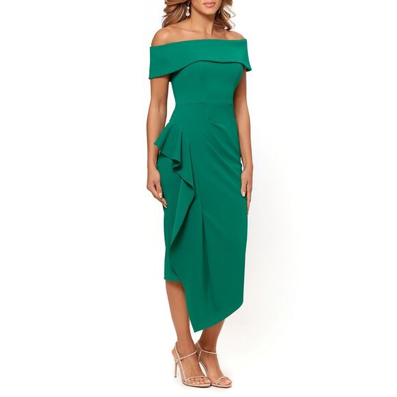 NWT Betsy & Adam 'Maya' Green Off Shoulder Ruffle Scuba Crepe Midi Dress Size 8 - Picture 1 of 3